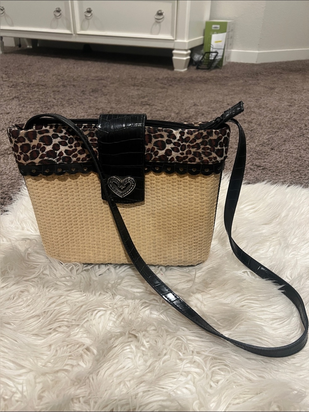 Leopard Trim Woven Crossbody Bag in Black and Cream
